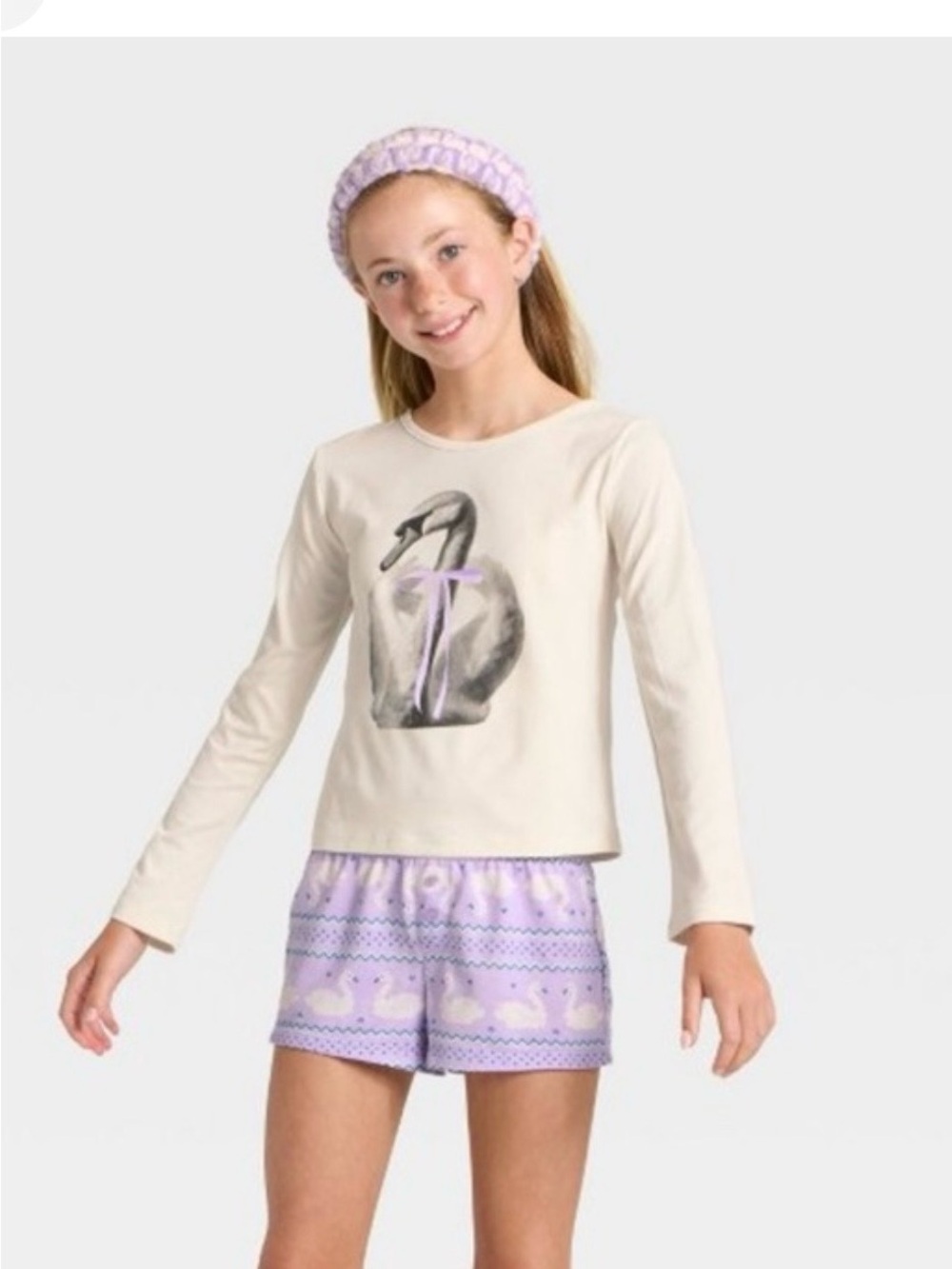 Girls Swan Pajama Set in Cream and Lavender